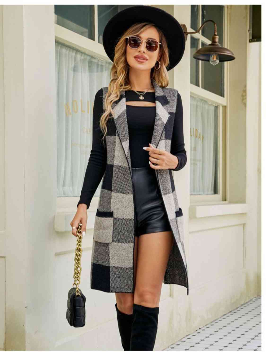 Sleek Tartan Sleeveless Cardigan