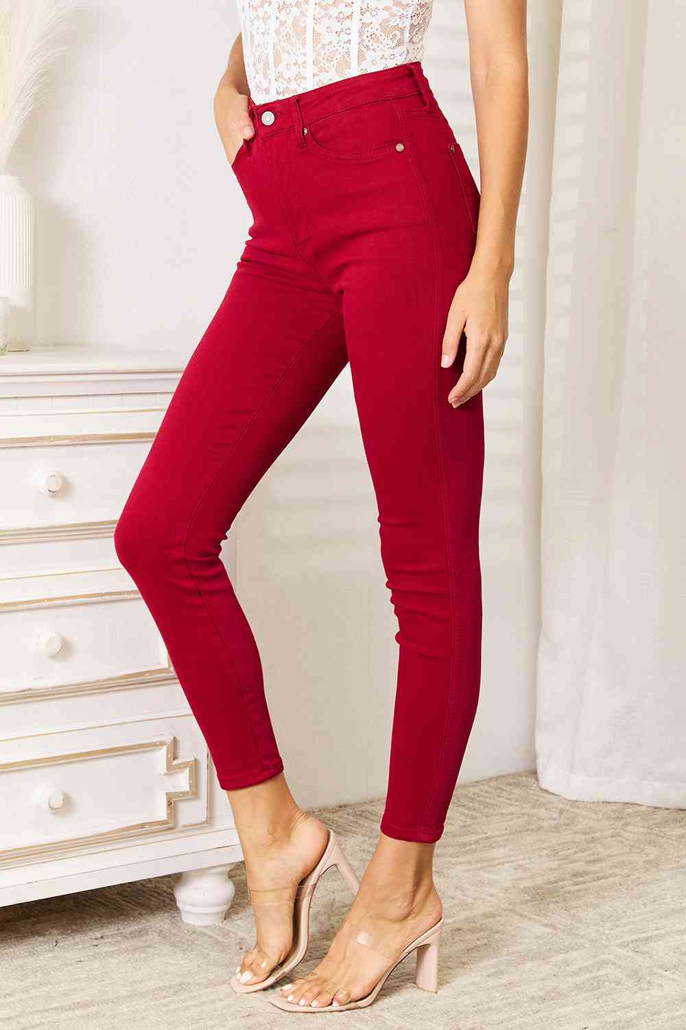 Red Roses High Waist Tummy Control Skinny Jeans