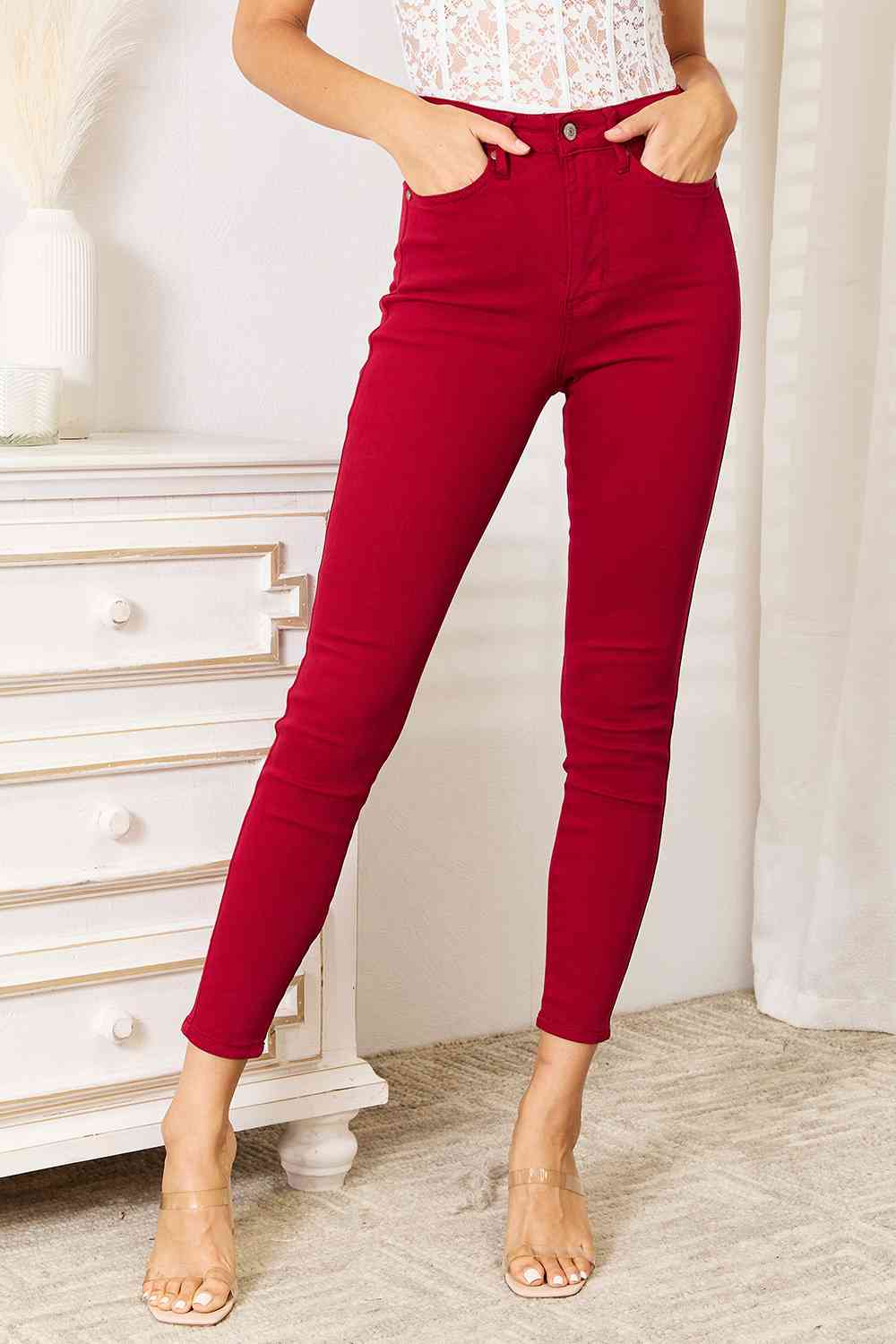 Red Roses High Waist Tummy Control Skinny Jeans