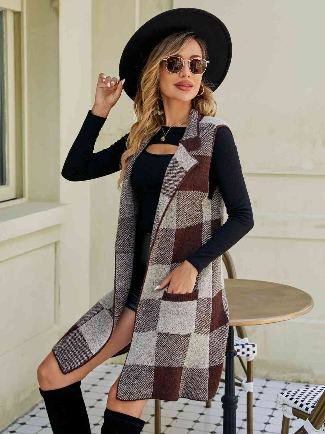 Sleek Tartan Sleeveless Cardigan