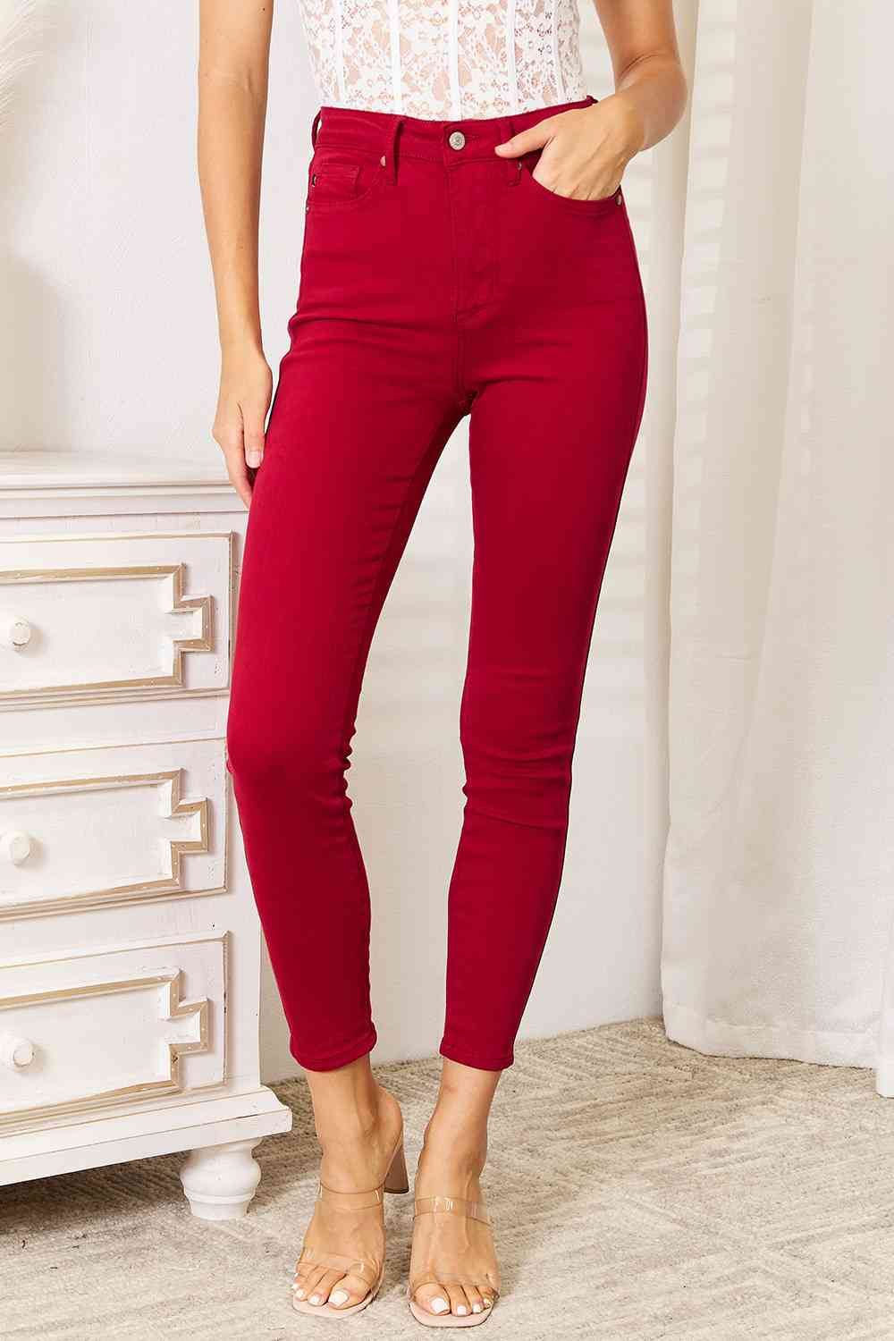 Red Roses High Waist Tummy Control Skinny Jeans