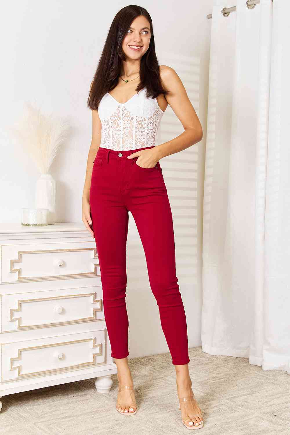 Red Roses High Waist Tummy Control Skinny Jeans