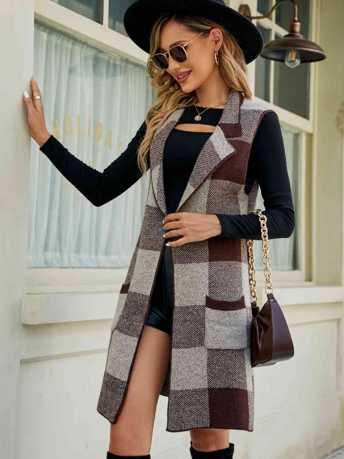 Sleek Tartan Sleeveless Cardigan