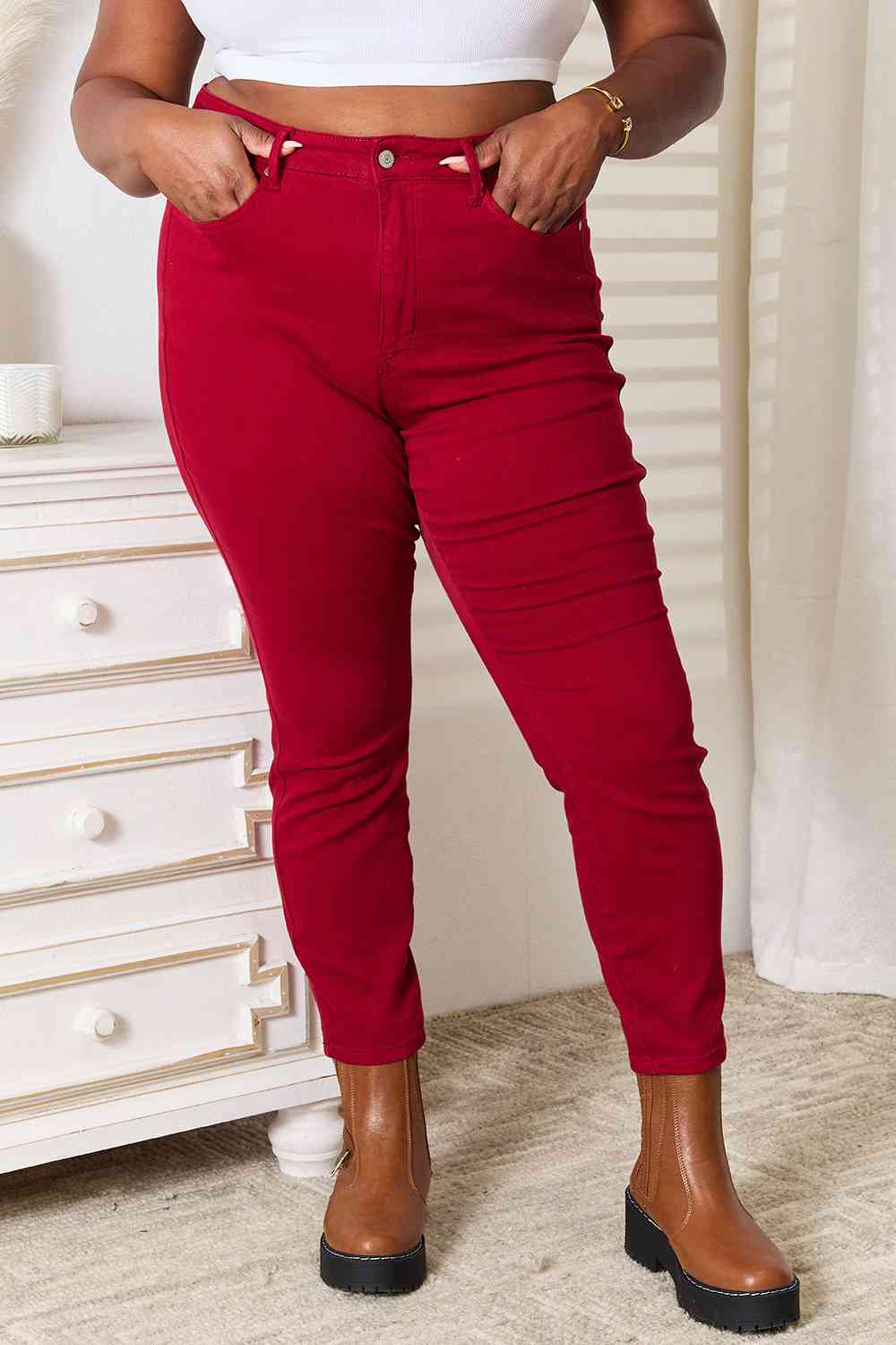 Red Roses High Waist Tummy Control Skinny Jeans