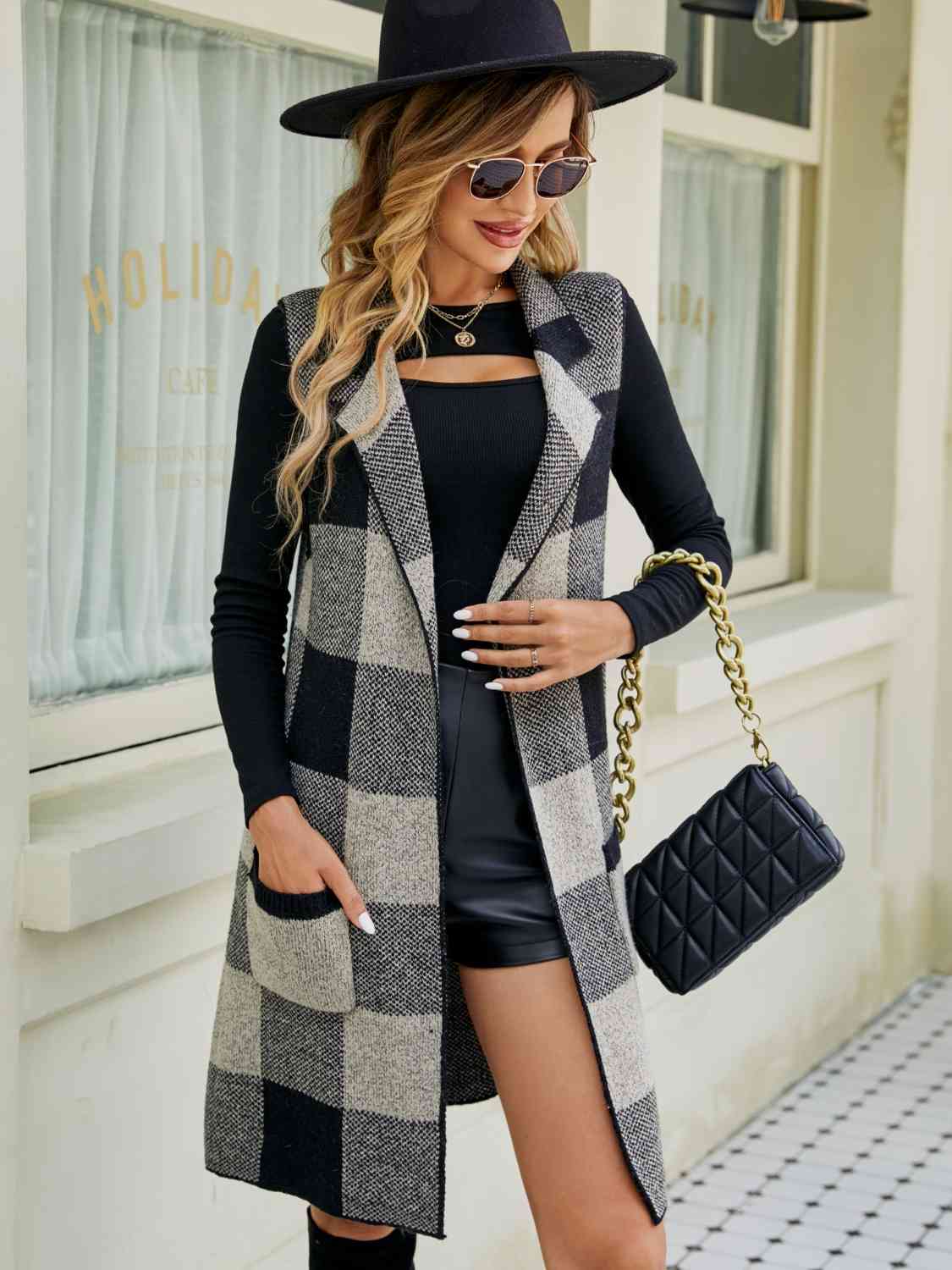 Sleek Tartan Sleeveless Cardigan