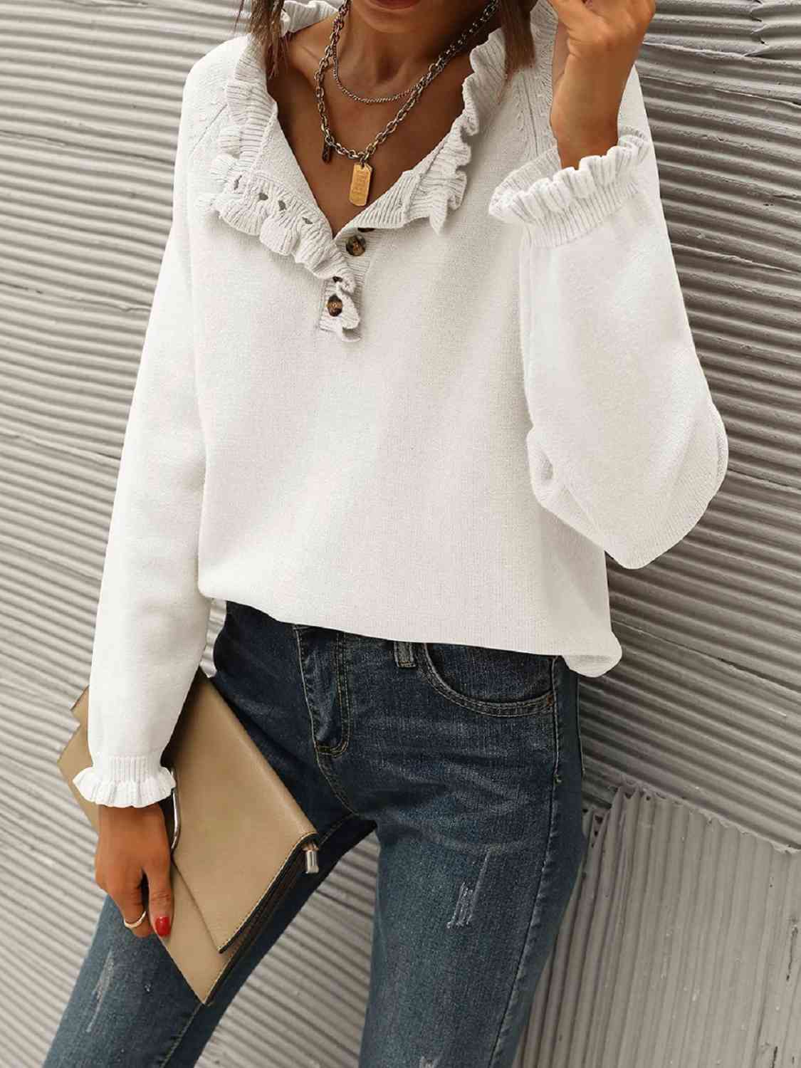 Ruffled Quarter-Button Sweater